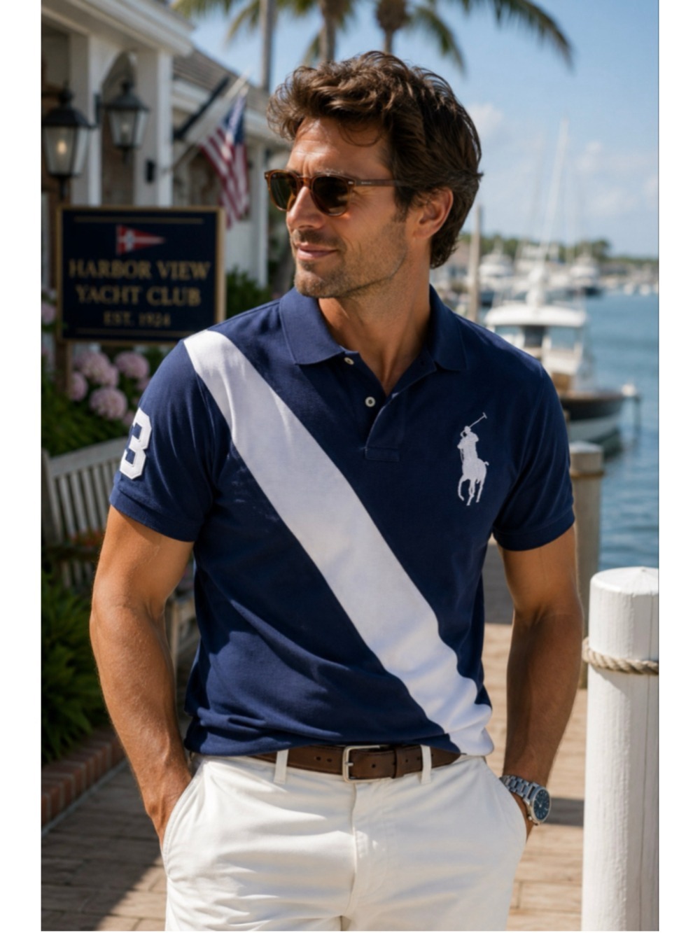 Polo Ralph Lauren Custom Slim Fit Big Pony Polo Shirt Navy White Rugby Stripe